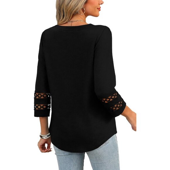 Womens 3/4 Sleeve Blouse Casual Dressy Crewneck Loose Fit Trendy Tops - Picture 5 of 6